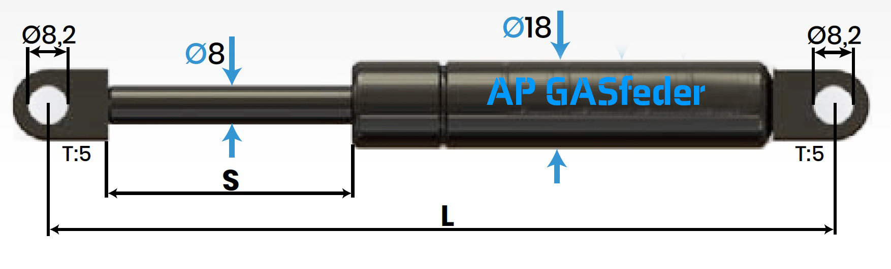 Immagine di AP GASfeder 500N, 8/18, Hub(S): 100 mm, Länge (L): 286 mm,  Alternatvie SRST.084174