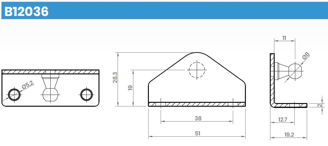 Image de AISI304 B12036S INOX Winkelblech 51x19,2 mm mit Kugelzapfen 8mm Type: BR8