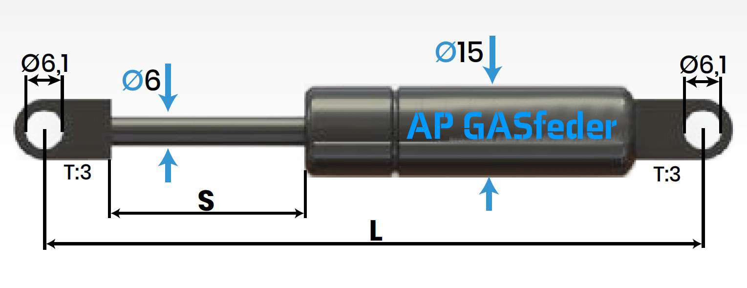 Bild von AP GASfeder 100N, 6/15, Hub(S): 100 mm, Länge (L): 265 mm,  Alternatvie SRST.082481