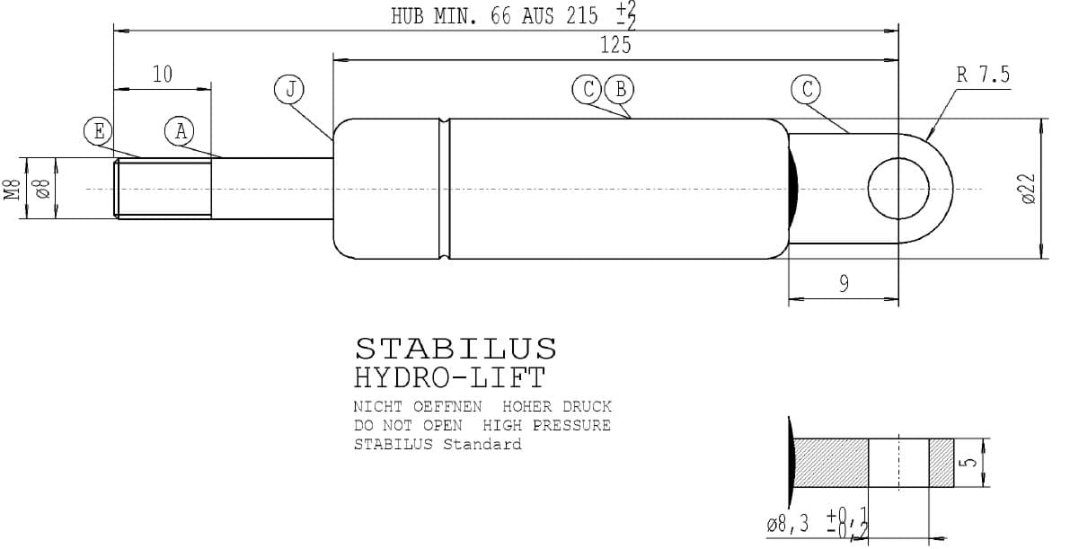 Imagen de Gasfeder Stabilus Hydro-Lift 105600 0500N Gesamtlänge 215 mm Werksbestellung