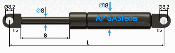 Bild von AP GASfeder 600N, 8/18, Hub(S): 140 mm, Länge (L): 366 mm,  Alternatvie SRST.084379