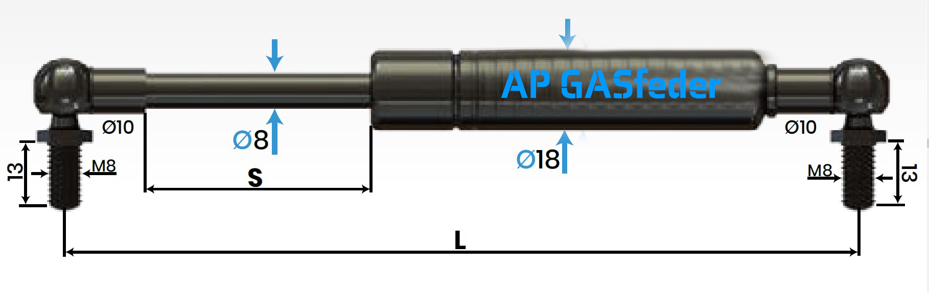 Bild von AP GASfeder 300N, 8/18, Hub(S): 60 mm, Länge (L): 205 mm,  Alternatvie SRST.