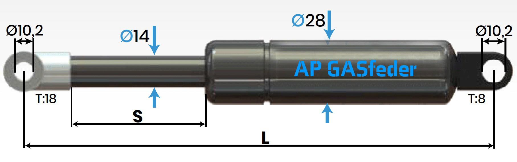 Bild von AP GASfeder 1300N, 14/28, Hub(S): 500 mm, Länge (L): 1102 mm,  Alternatvie SRST.2115LK