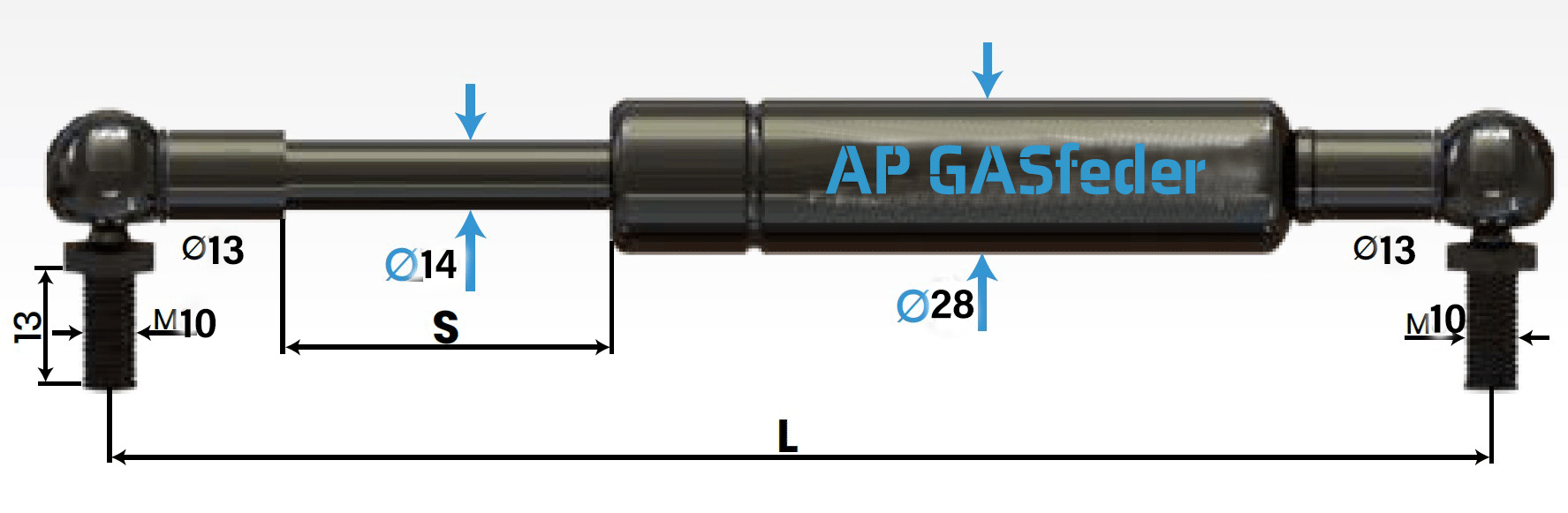 Bild von AP GASfeder 1100N, 14/28, Hub(S): 500 mm, Länge (L): 1135 mm,  Alternatvie SRST.2395LC