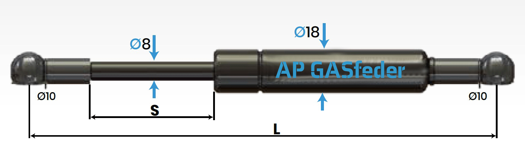 Bild von AP GASfeder 100N, 8/18, Hub(S): 100 mm, Länge (L): 285 mm,  Alternatvie SRST.989233