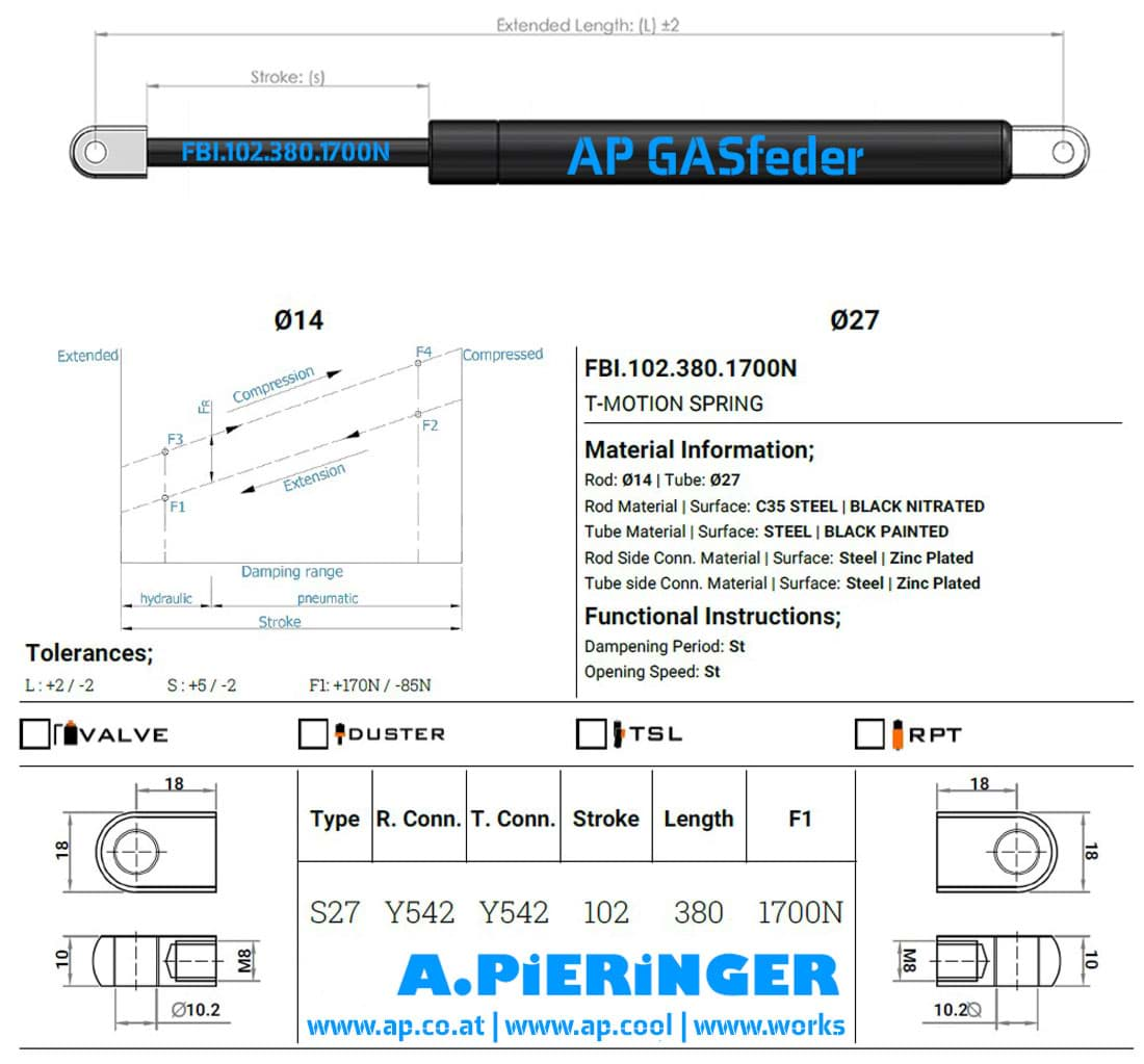 Bild von AP Gasfeder 1700N, 14/27,  Hub(S): 102 mm, Länge (L): 380 mm, Verwendung: Wohnwagen