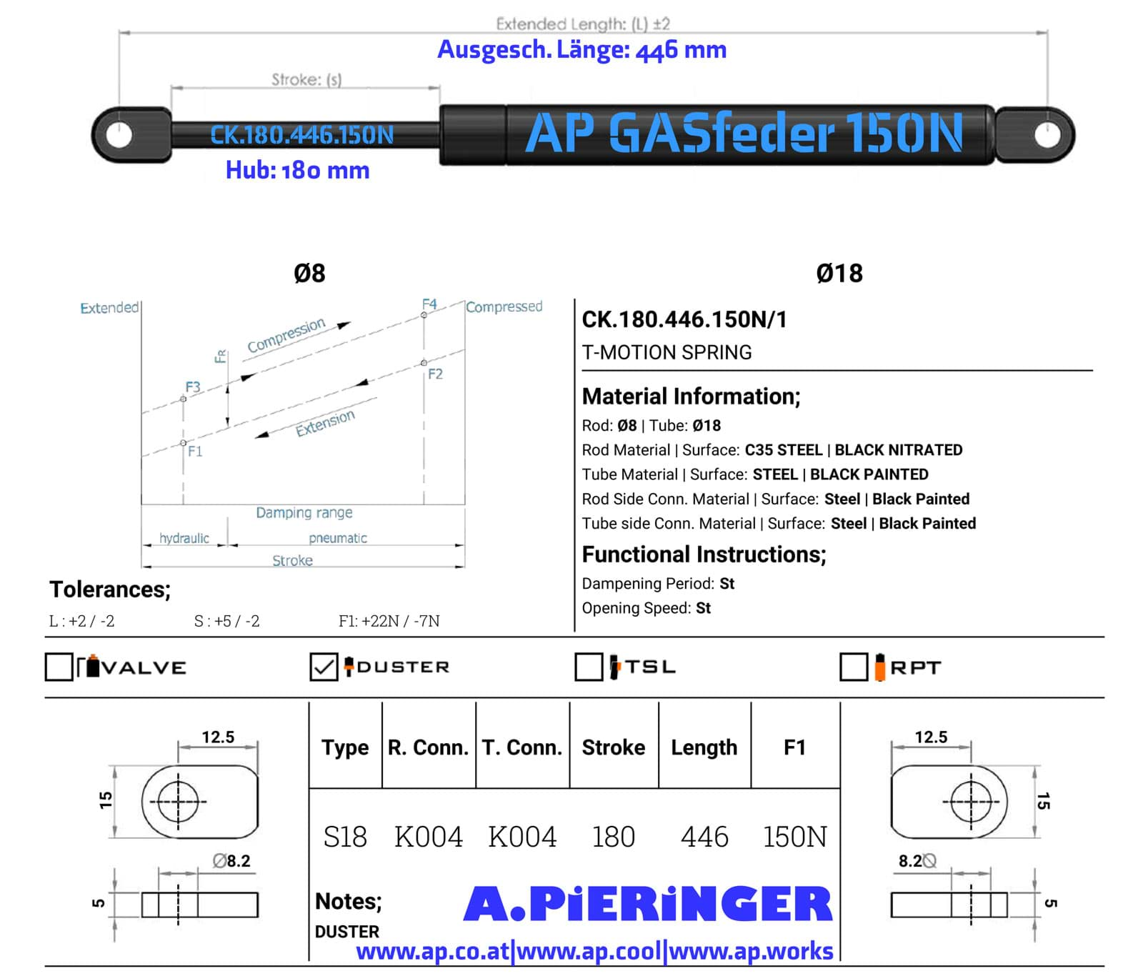 Immagine di AP GASfeder 150N, 8/18, Hub(S): 180 mm, Länge (L): 446 mm,  Alternatvie SRST.094803