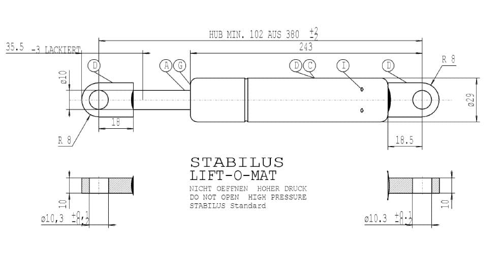 Image de Stabilus 4666VT 1850N LIFT-O-MAT Gasfeder (Werksbestellung LZ siehe Text)