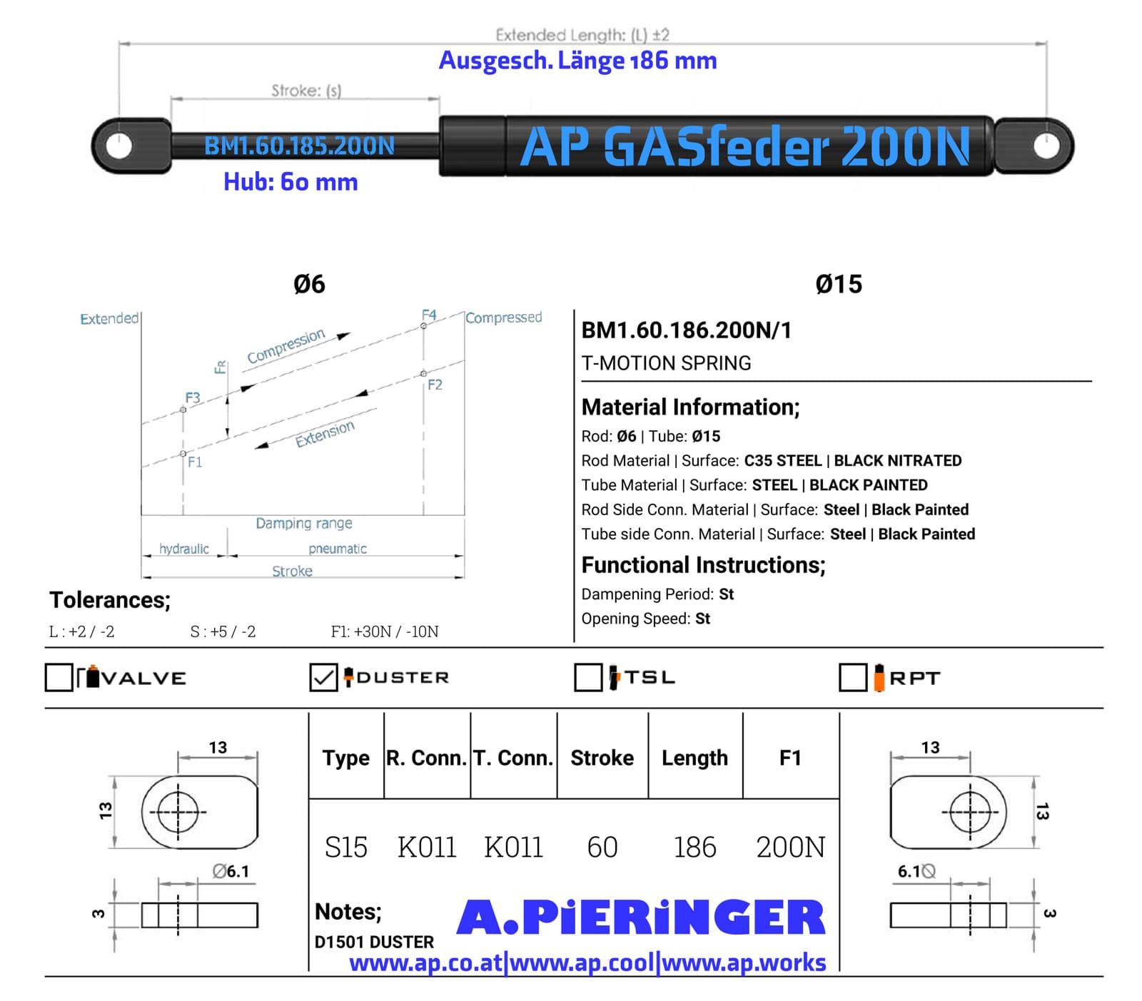 A.PiERiNGER. AP GASfeder FU.500.1102.500N, Kraft 500N, Länge 1102mm,  Alternative SRST.1872LC
