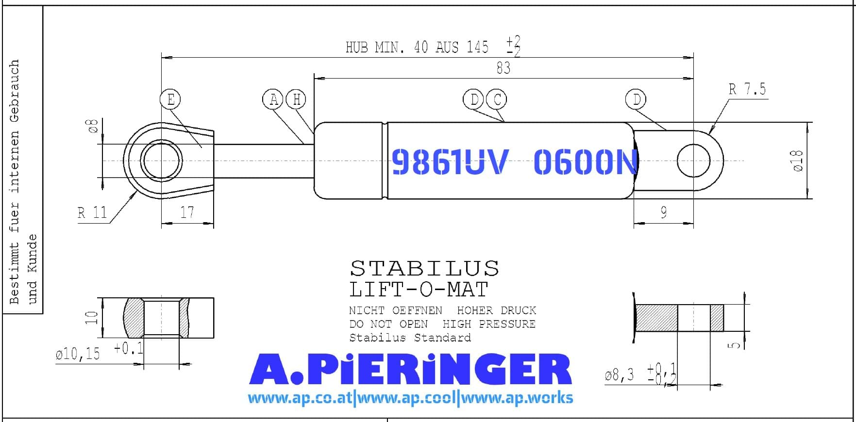 Immagine di Stabilus 9861UV 0600N LIFT-O-MAT Gasfeder (Werksbestellung LZ siehe Text)