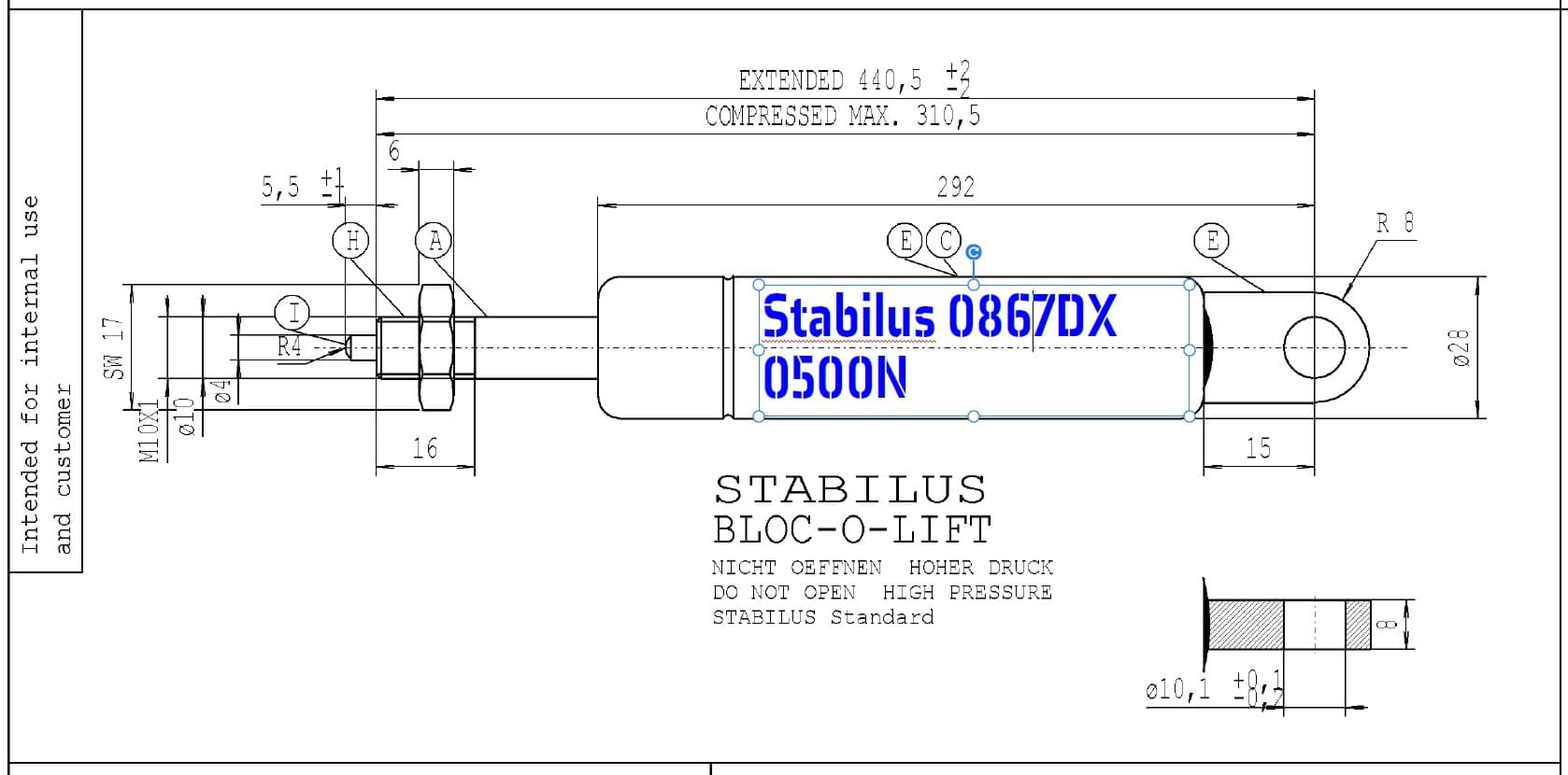 Picture of Stabilus 0867DX 500N BLOC-O-LIFT Gasfeder